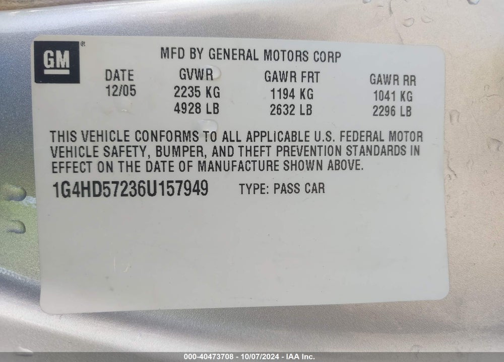 2006 BUICK LUCERNE CXL VIN: 1G4HD57236U157949