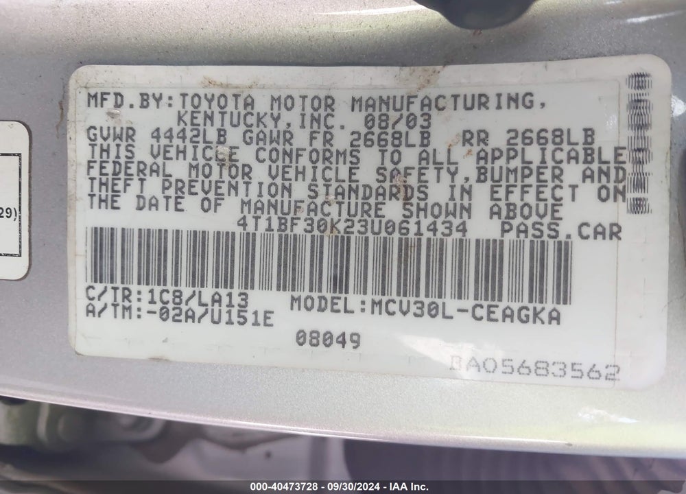 2003 TOYOTA CAMRY XLE V6 VIN: 4T1BF30K23U061434