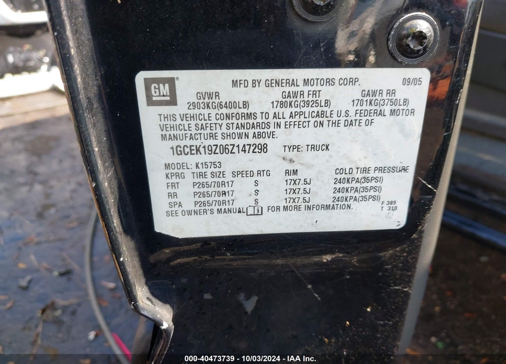 2006 CHEVROLET SILVERADO 1500 LT1 VIN: 1GCEK19Z06Z147298