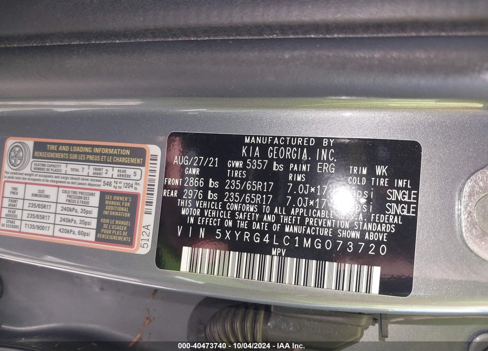 2021 KIA SORENTO LX VIN: 5XYRG4LC1MG073720