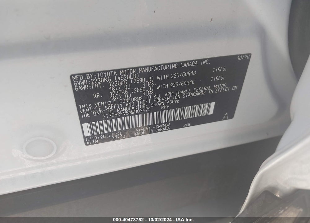 2021 TOYOTA RAV4 HYBRID XSE VIN: 2T3E6RFV5MW003425