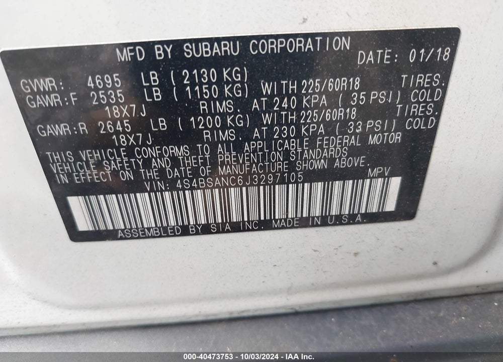 2018 SUBARU OUTBACK 2.5I LIMITED VIN: 4S4BSANC6J3297105