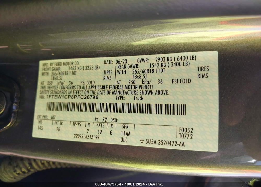 2023 FORD F-150 XLT VIN: 1FTEW1CP8PFC26796