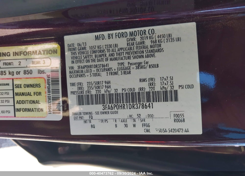 2013 FORD FUSION SE VIN: 3FA6P0HR1DR378641