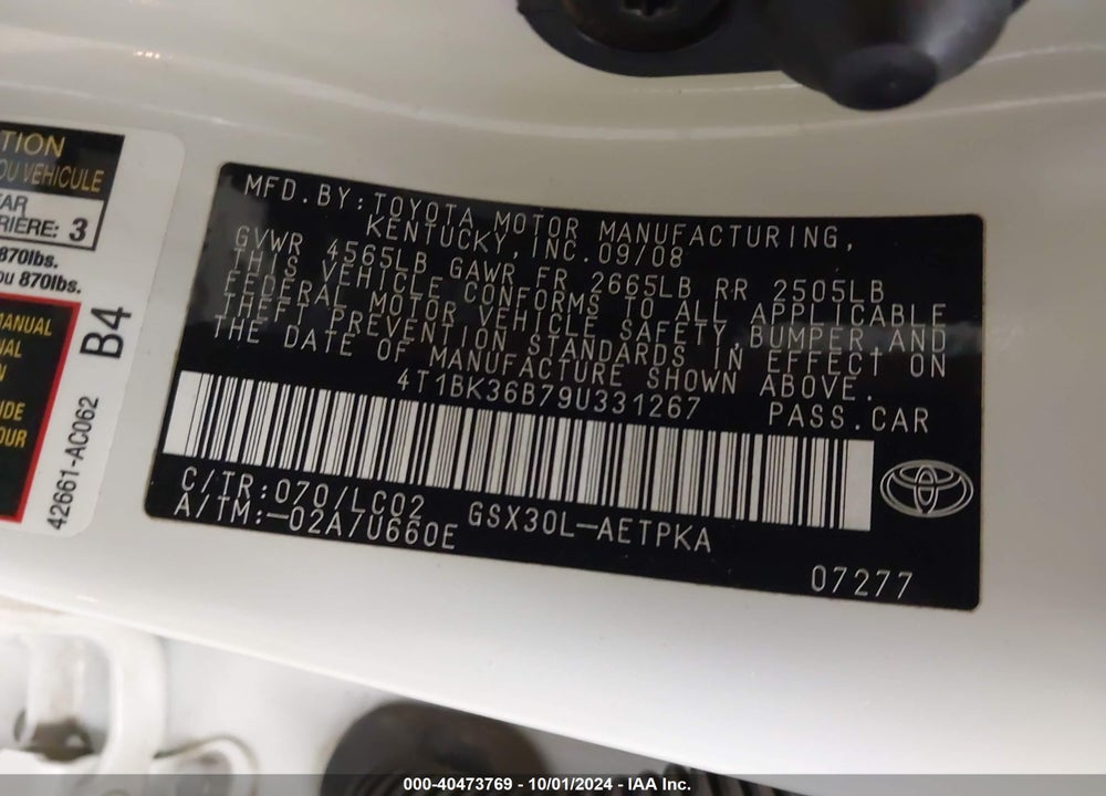 2009 TOYOTA AVALON LIMITED VIN: 4T1BK36B79U331267