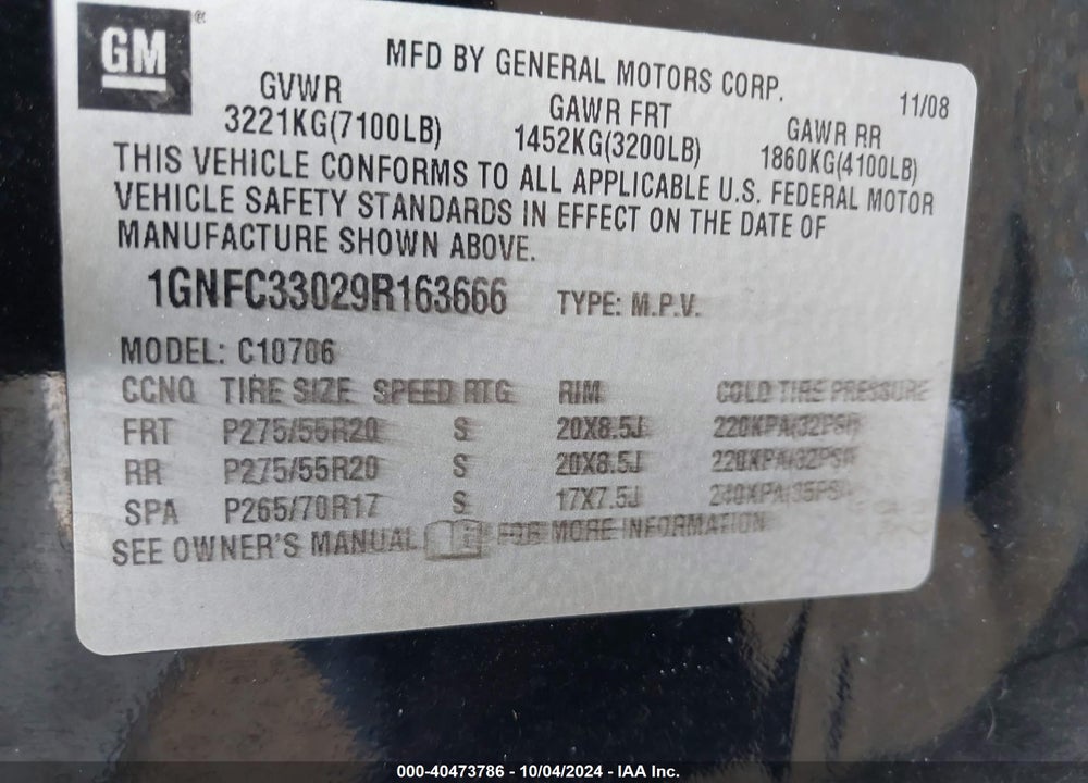 2009 CHEVROLET TAHOE LTZ VIN: 1GNFC33029R163666
