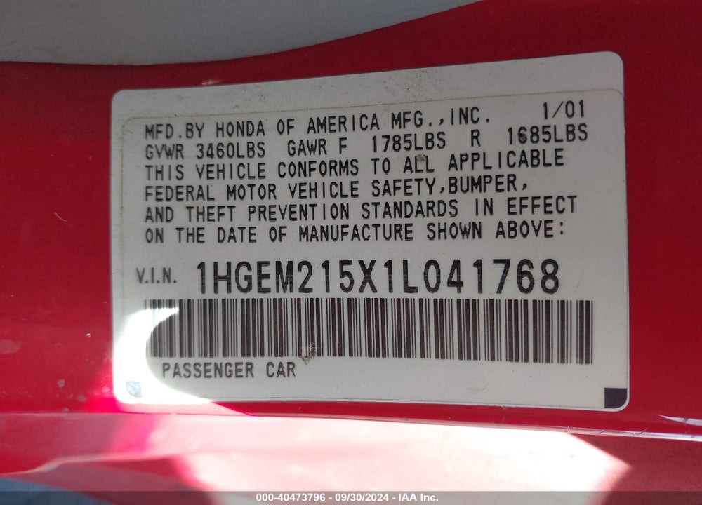 2001 HONDA CIVIC LX VIN: 1HGEM215X1L041768