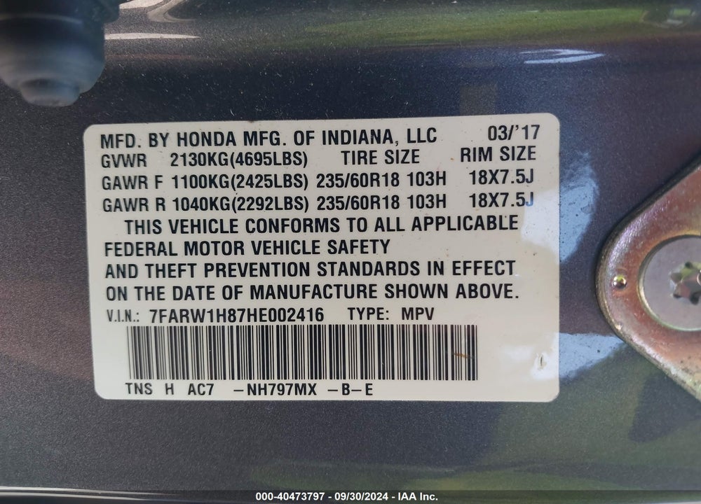 2017 HONDA CR-V EX-L/EX-L NAVI VIN: 7FARW1H87HE002416