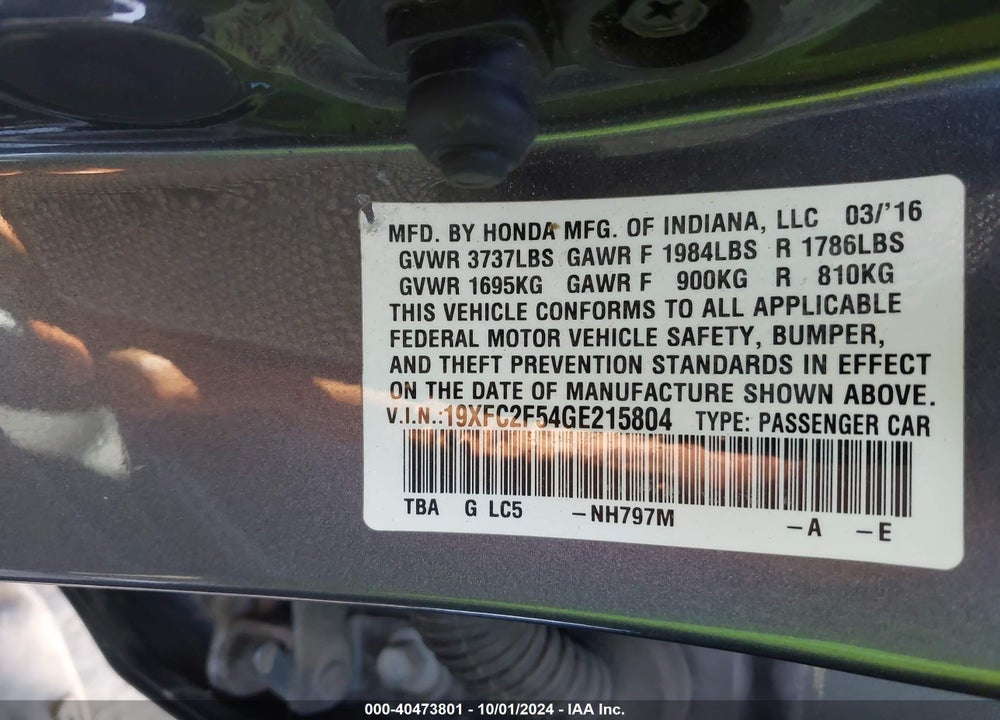 2016 HONDA CIVIC LX VIN: 19XFC2F54GE215804