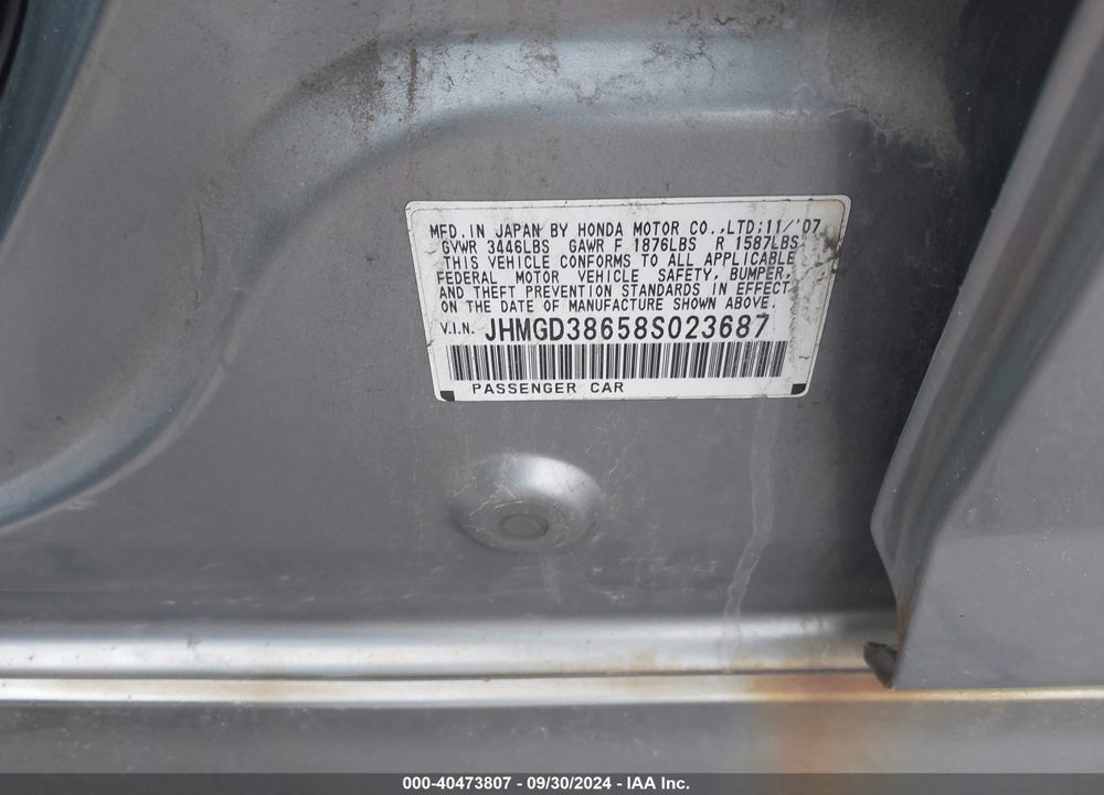 2008 HONDA FIT SPORT VIN: JHMGD38658S023687