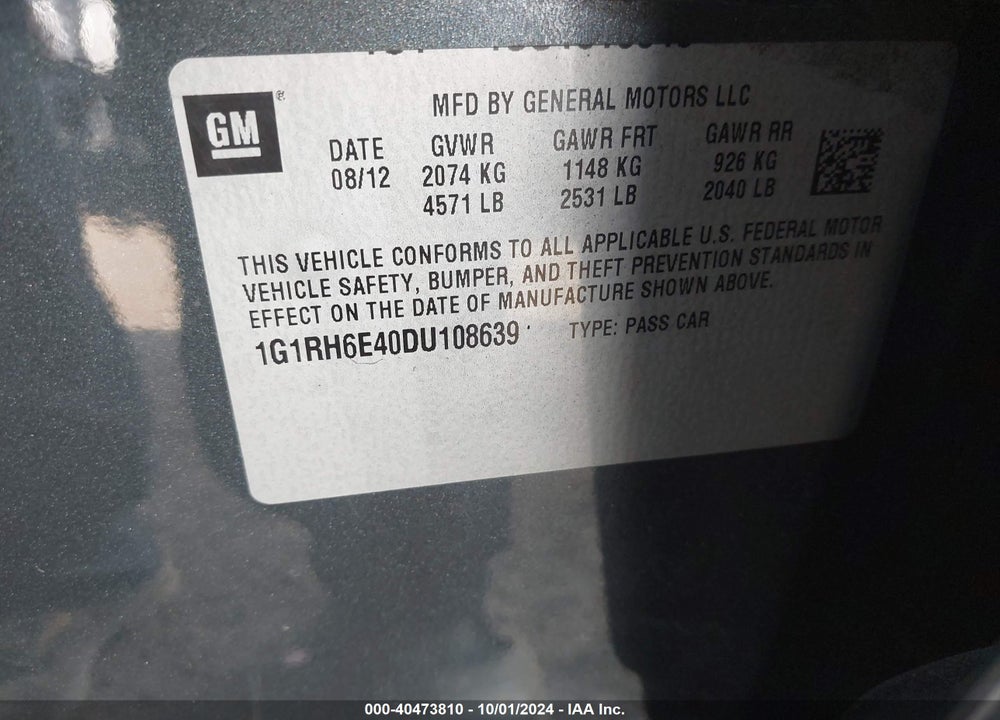 2013 CHEVROLET VOLT VIN: 1G1RH6E40DU108639