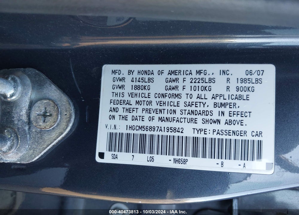 2007 HONDA ACCORD 2.4 EX VIN: 1HGCM56897A195842