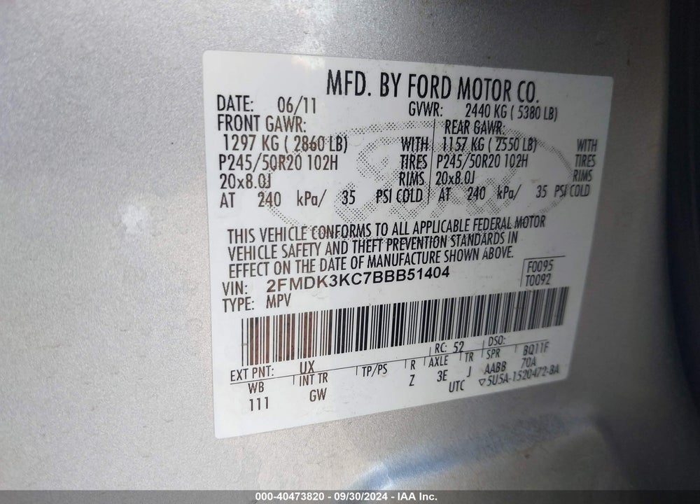 2011 FORD EDGE LIMITED VIN: 2FMDK3KC7BBB51404