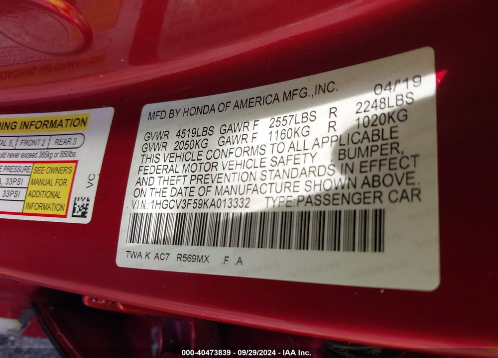2019 HONDA ACCORD HYBRID EX-L VIN: 1HGCV3F59KA013332