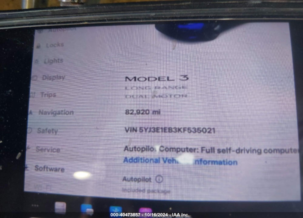 2019 TESLA MODEL 3 LONG RANGE/PERFORMANCE VIN: 5YJ3E1EB3KF535021