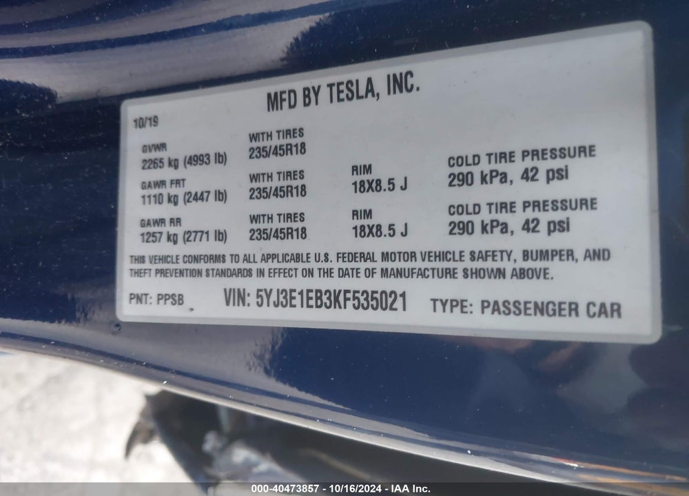 2019 TESLA MODEL 3 LONG RANGE/PERFORMANCE VIN: 5YJ3E1EB3KF535021