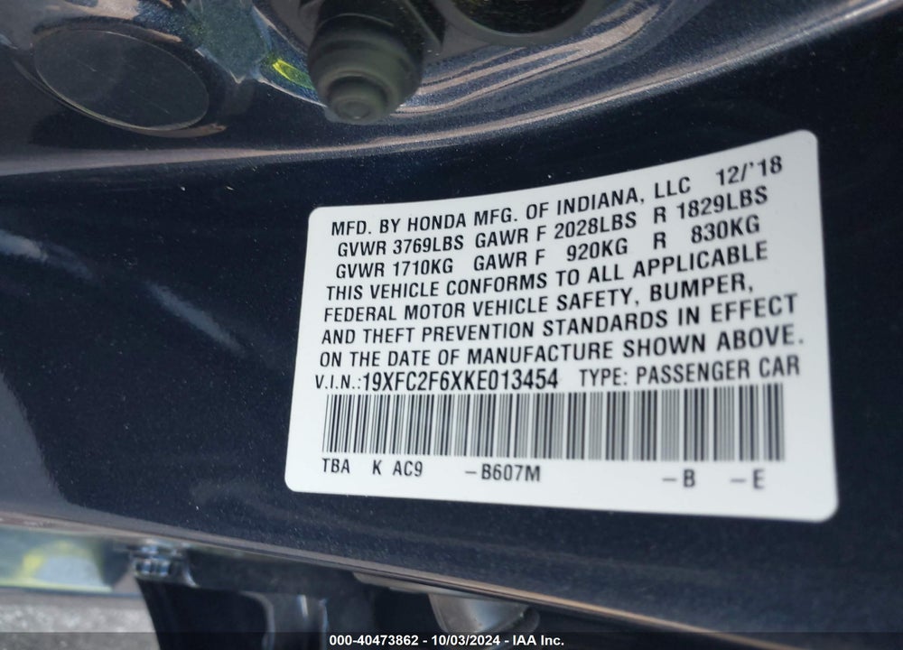 2019 HONDA CIVIC LX VIN: 19XFC2F6XKE013454