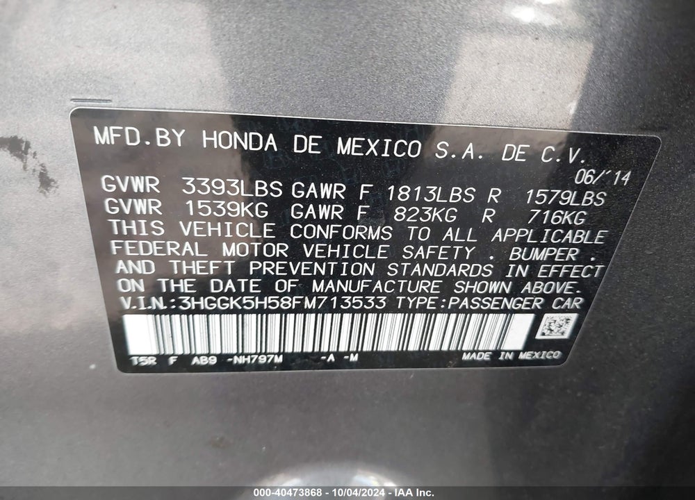 2015 HONDA FIT VIN: 3HGGK5H58FM713533