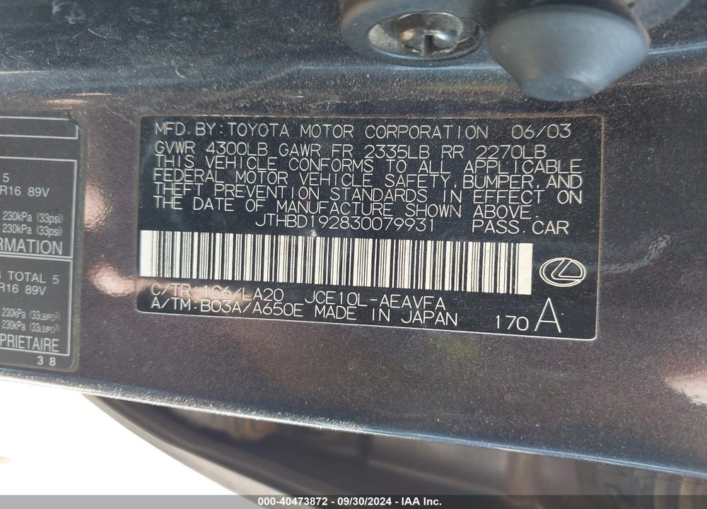 2003 LEXUS IS 300 VIN: JTHBD192830079931
