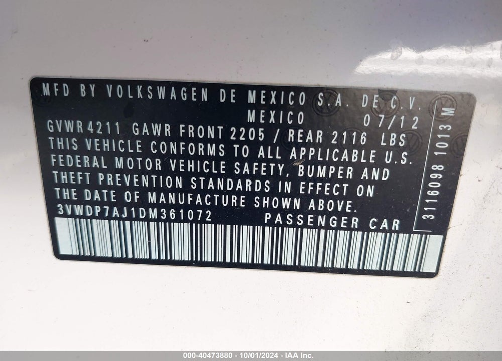 2013 VOLKSWAGEN JETTA 2.5L SE VIN: 3VWDP7AJ1DM361072