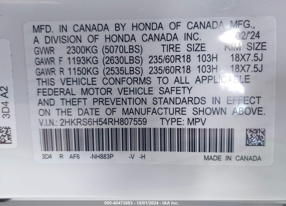 2024 HONDA CR-V HYBRID SPORT VIN: 2HKRS6H54RH807559