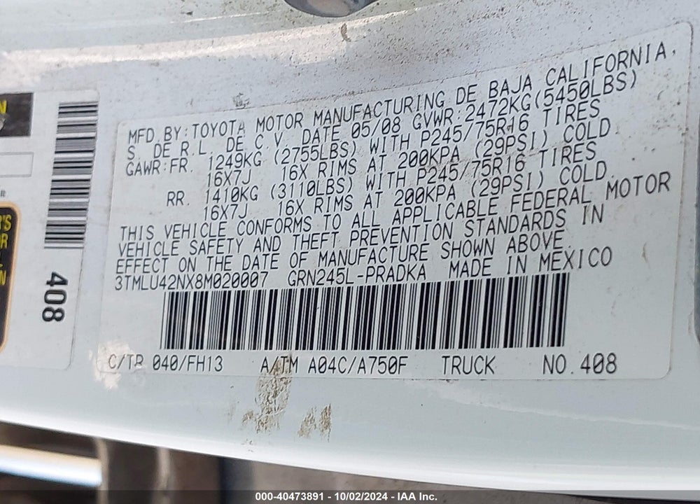 2008 TOYOTA TACOMA BASE V6 VIN: 3TMLU42NX8M020007