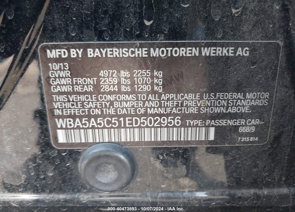 2014 BMW 528I VIN: WBA5A5C51ED502956