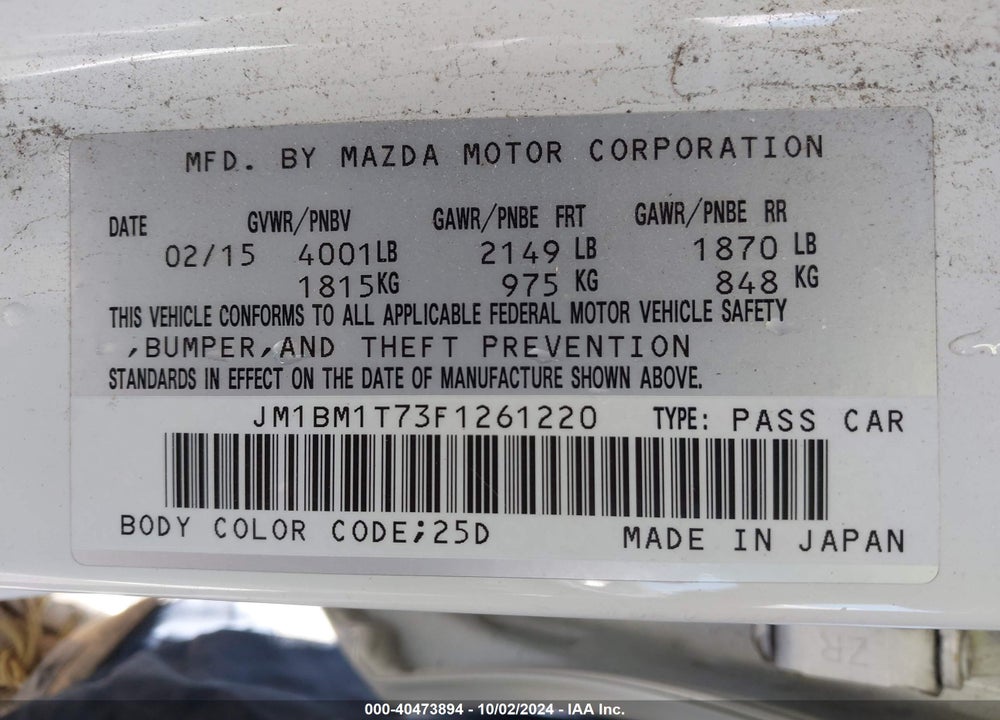 2015 MAZDA 3 I SV VIN: JM1BM1T73F1261220