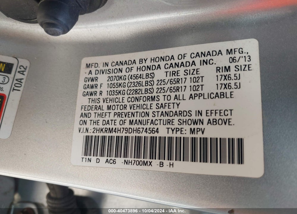 2013 HONDA CR-V EX-L VIN: 2HKRM4H79DH674564
