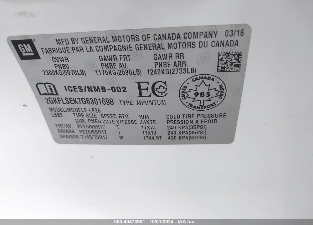 2016 GMC TERRAIN SLE-1 VIN: 2GKFLSEK7G6301698
