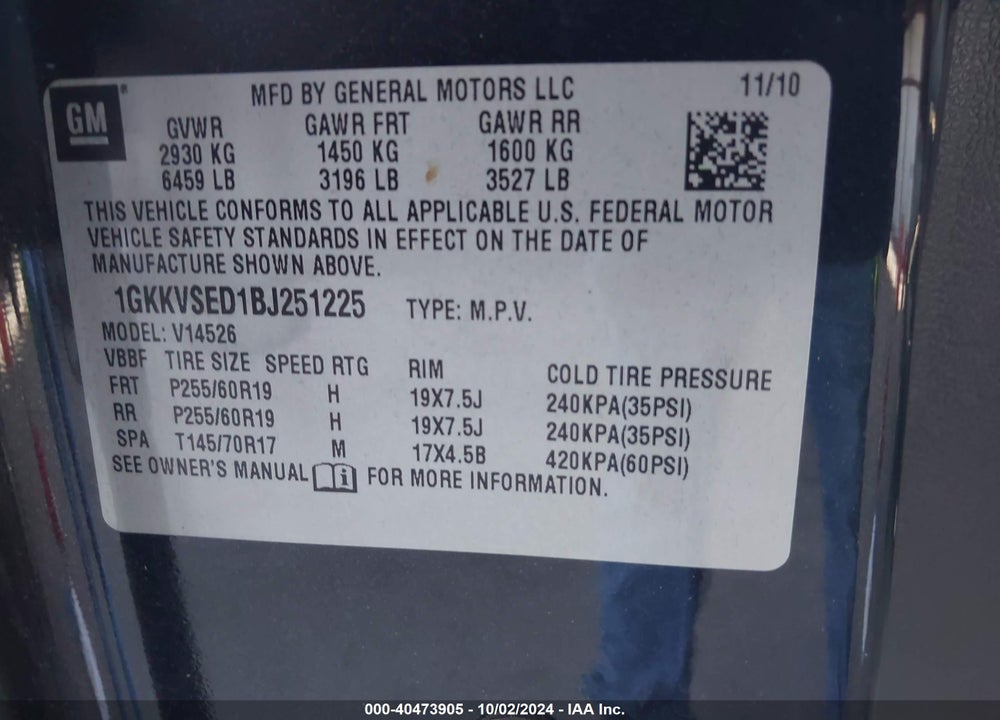 2011 GMC ACADIA SLT-2 VIN: 1GKKVSED1BJ251225