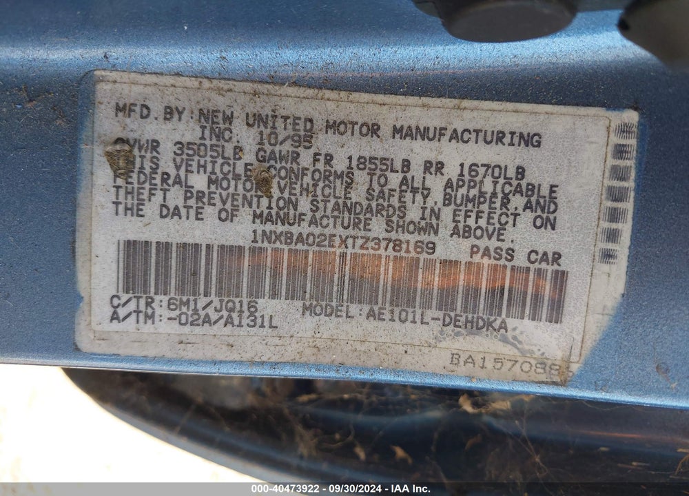 1996 TOYOTA COROLLA VIN: 1NXBA02EXTZ378169