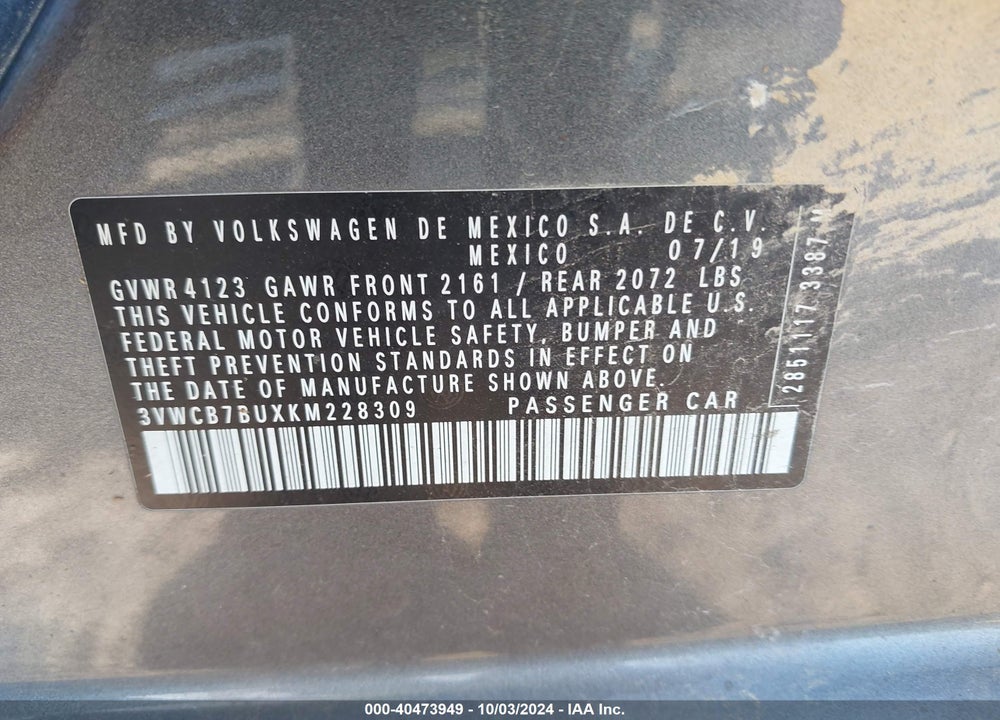 2019 VOLKSWAGEN JETTA 1.4T R-LINE/1.4T S/1.4T SE VIN: 3VWCB7BUXKM228309