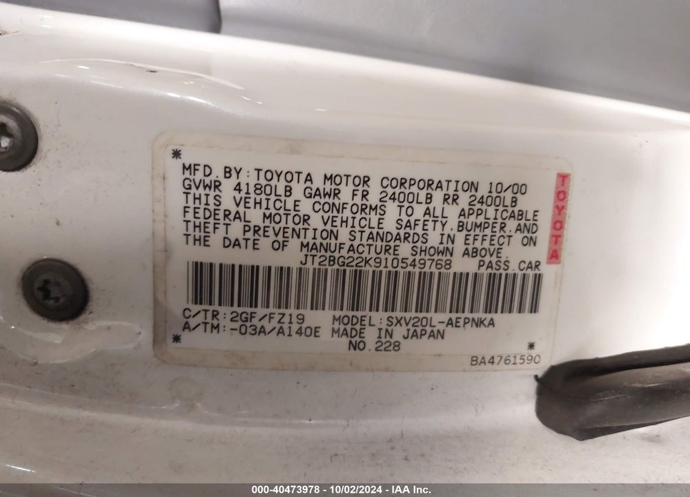 2001 TOYOTA CAMRY LE VIN: JT2BG22K910549768