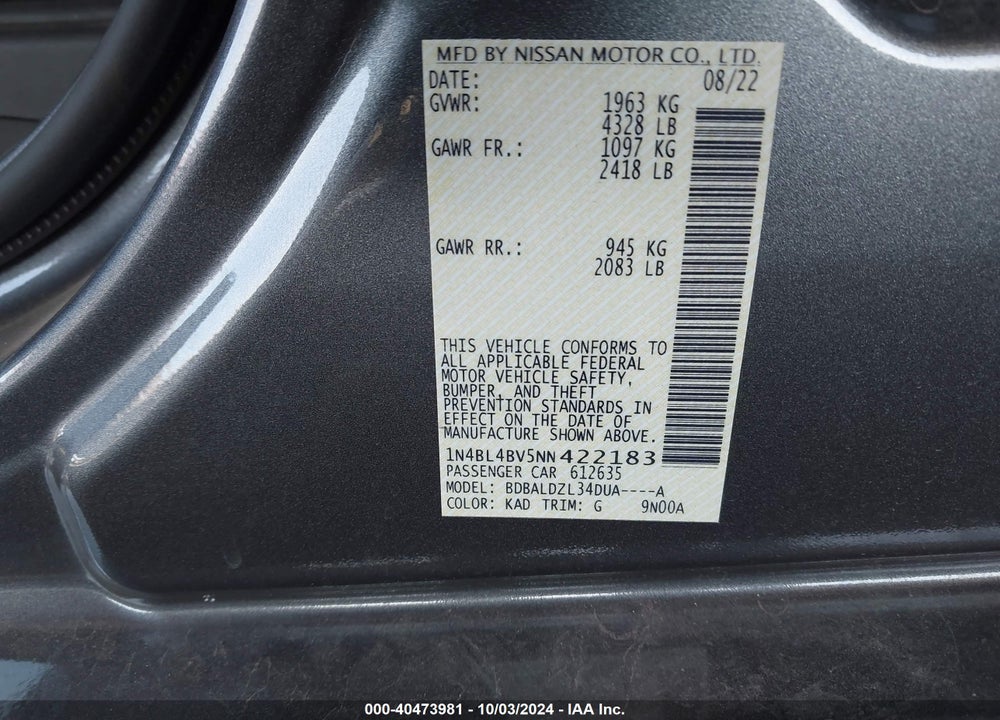 2022 NISSAN ALTIMA S FWD VIN: 1N4BL4BV5NN422183