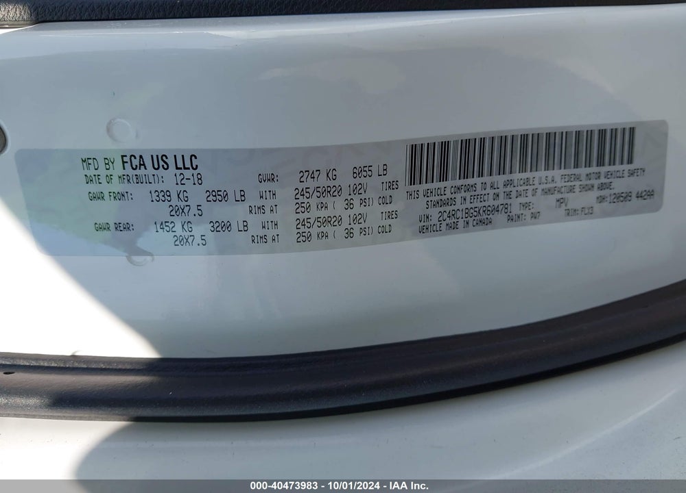 2019 CHRYSLER PACIFICA TOURING L VIN: 2C4RC1BG5KR604781