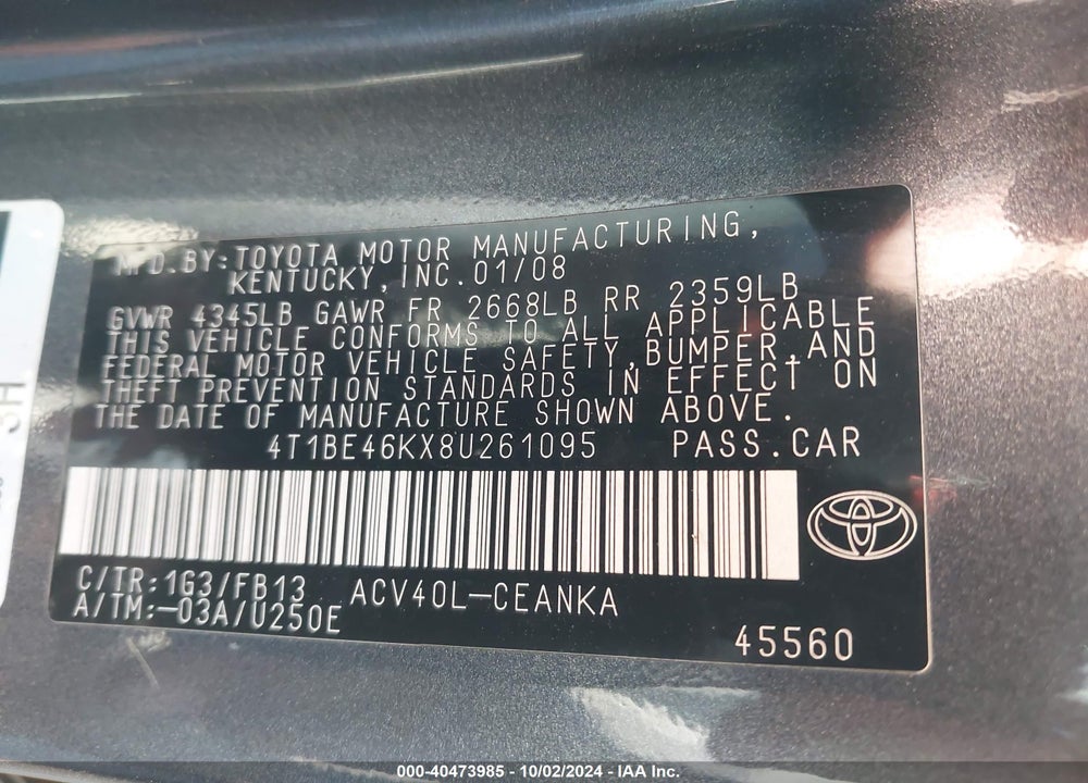 2008 TOYOTA CAMRY LE VIN: 4T1BE46KX8U261095