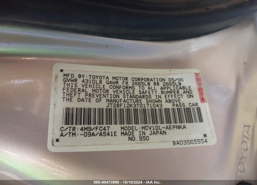 1996 TOYOTA CAMRY LE/XLE/SE VIN: JT2BF12K3T0171043