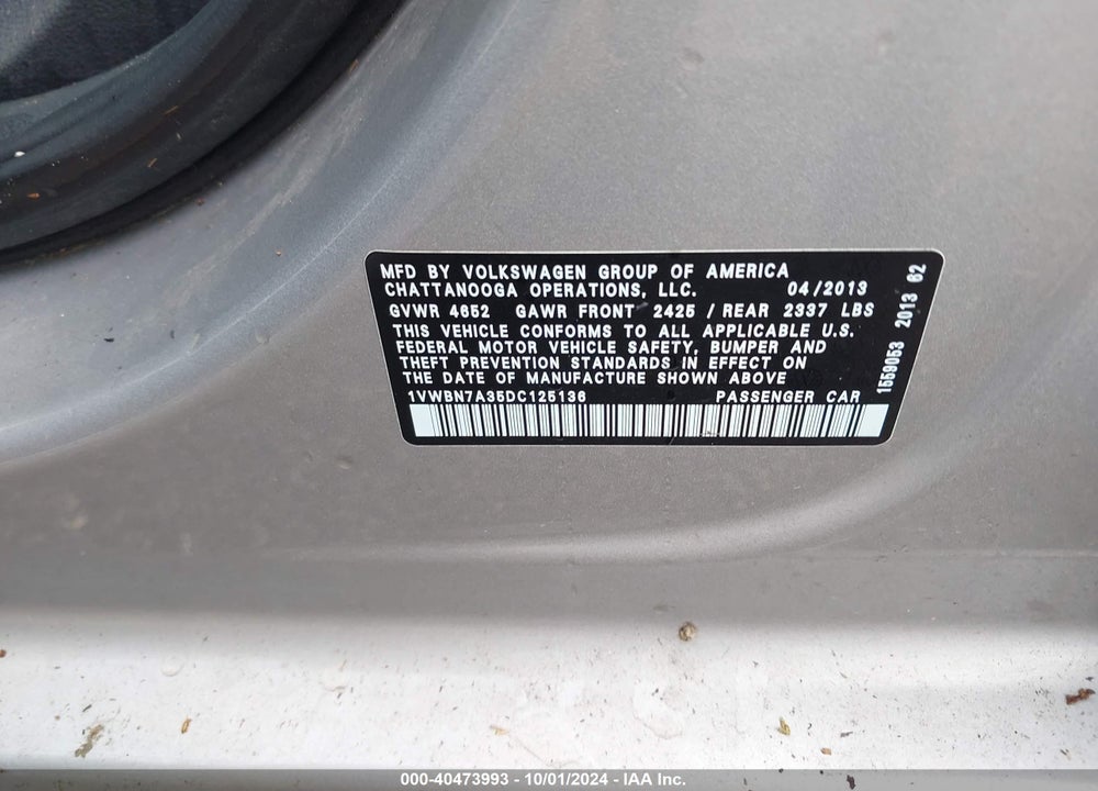 2013 VOLKSWAGEN PASSAT 2.0L TDI SE VIN: 1VWBN7A35DC125136