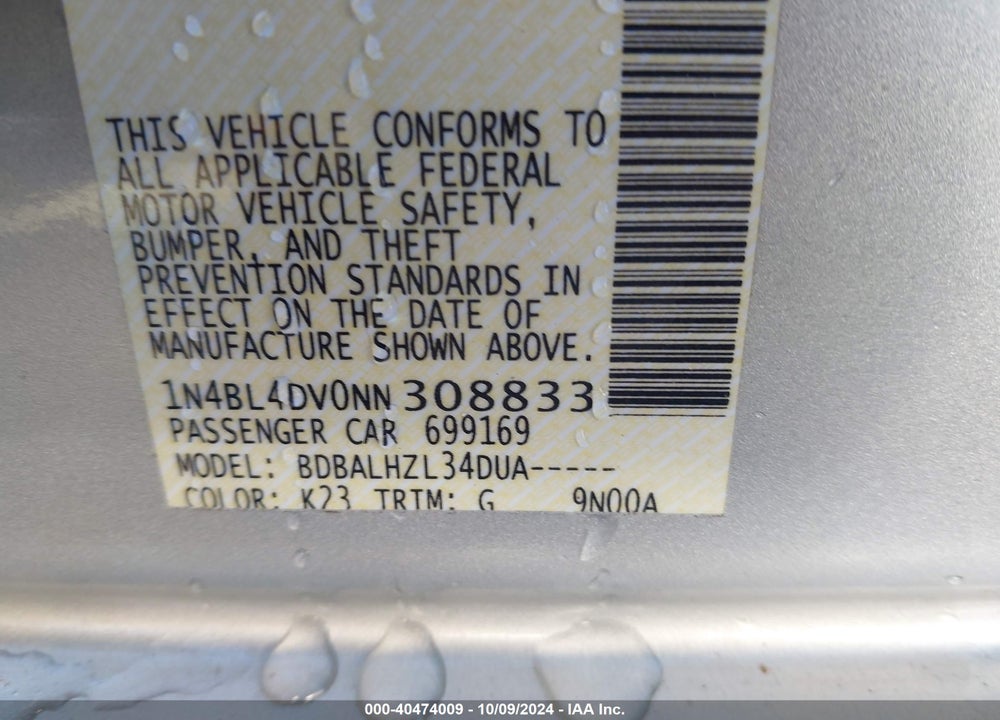2022 NISSAN ALTIMA SV FWD VIN: 1N4BL4DV0NN308833