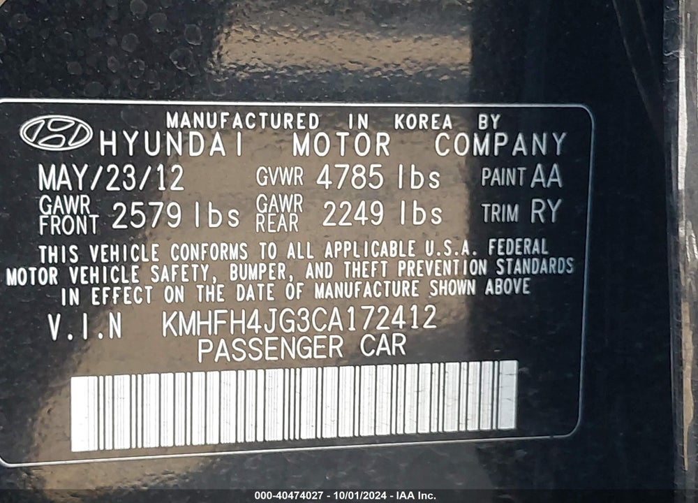 2012 HYUNDAI AZERA VIN: KMHFH4JG3CA172412
