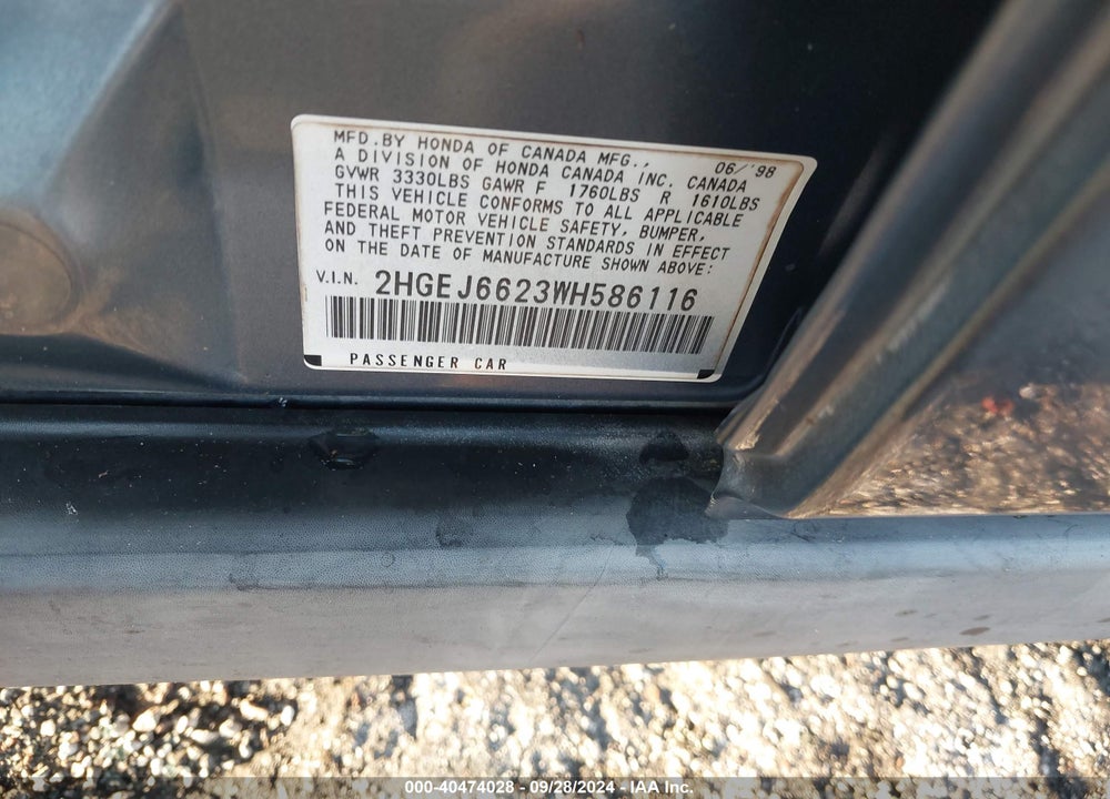 1998 HONDA CIVIC DX VIN: 2HGEJ6623WH586116