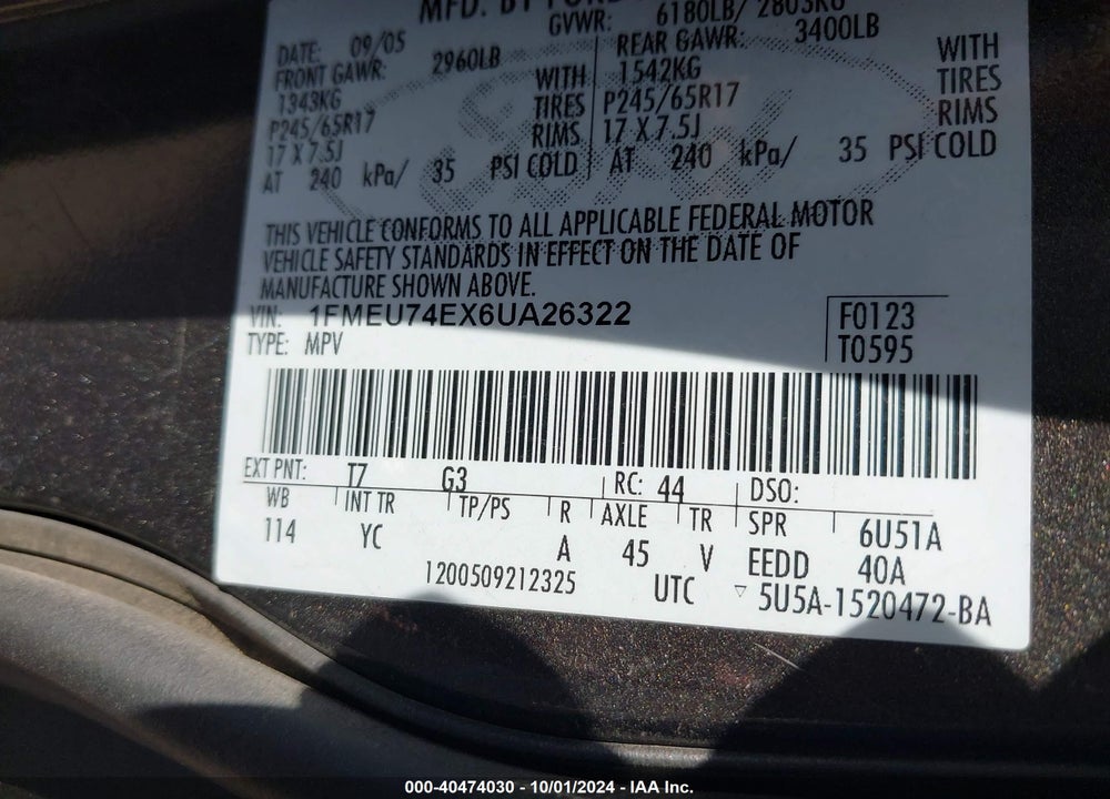 2006 FORD EXPLORER EDDIE BAUER VIN: 1FMEU74EX6UA26322