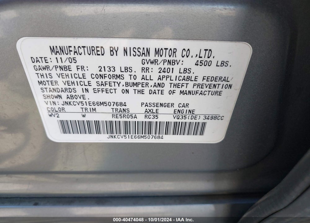 2006 INFINITI G35 VIN: JNKCV51E66M507684