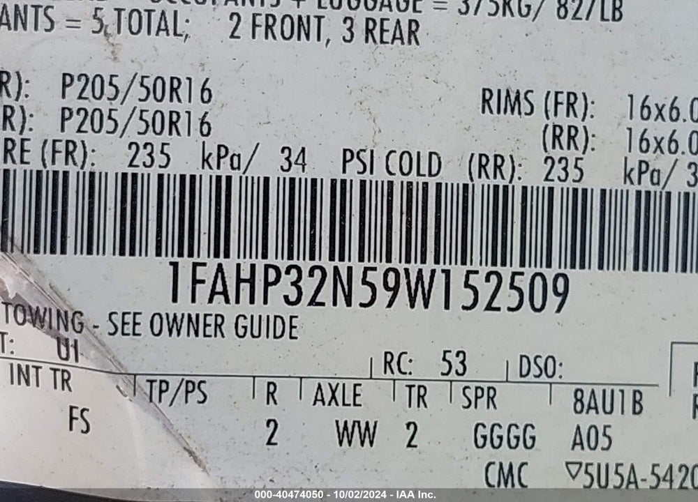2009 FORD FOCUS SE VIN: 1FAHP32N59W152509
