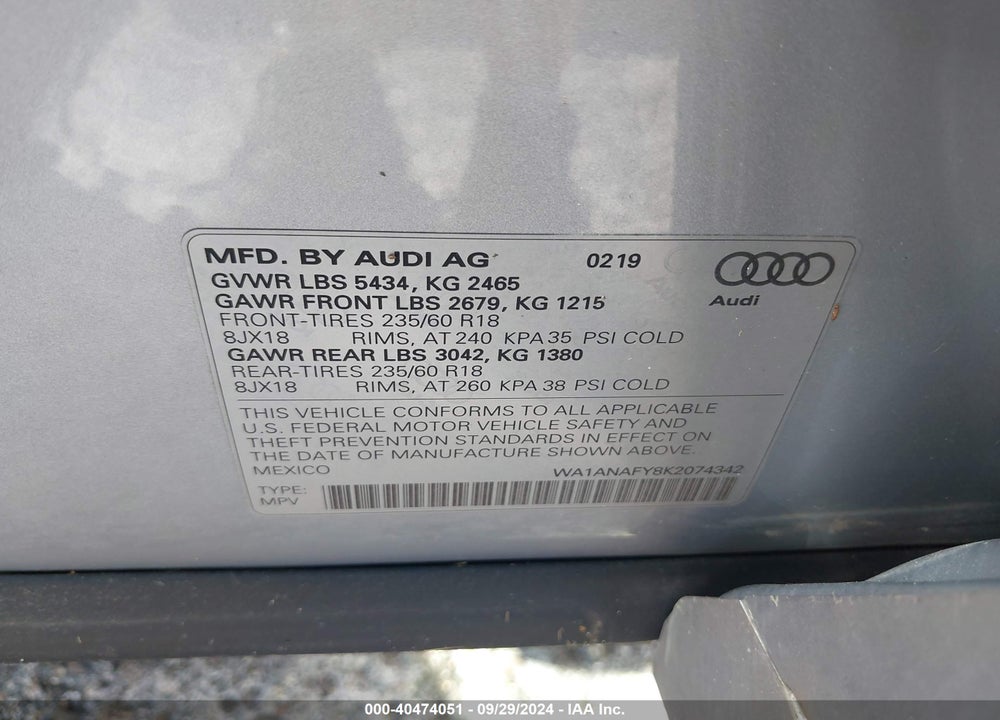 2019 AUDI Q5 45 PREMIUM VIN: WA1ANAFY8K2074342