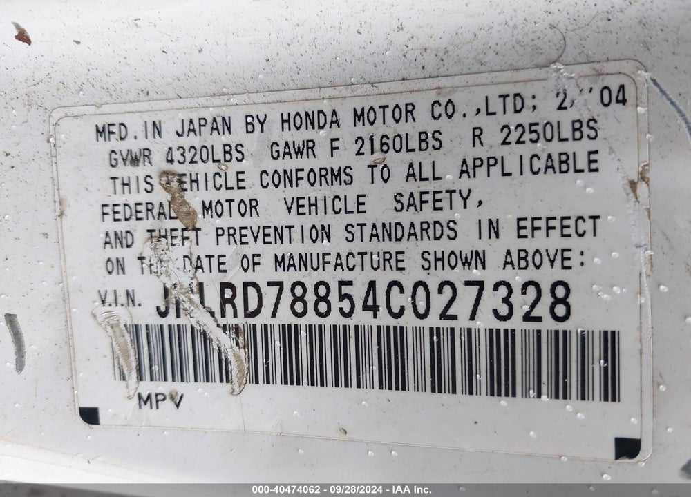 2004 HONDA CR-V EX VIN: JHLRD78854C027328