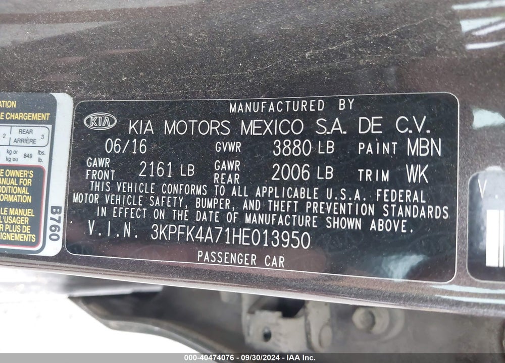 2017 KIA FORTE LX VIN: 3KPFK4A71HE013950