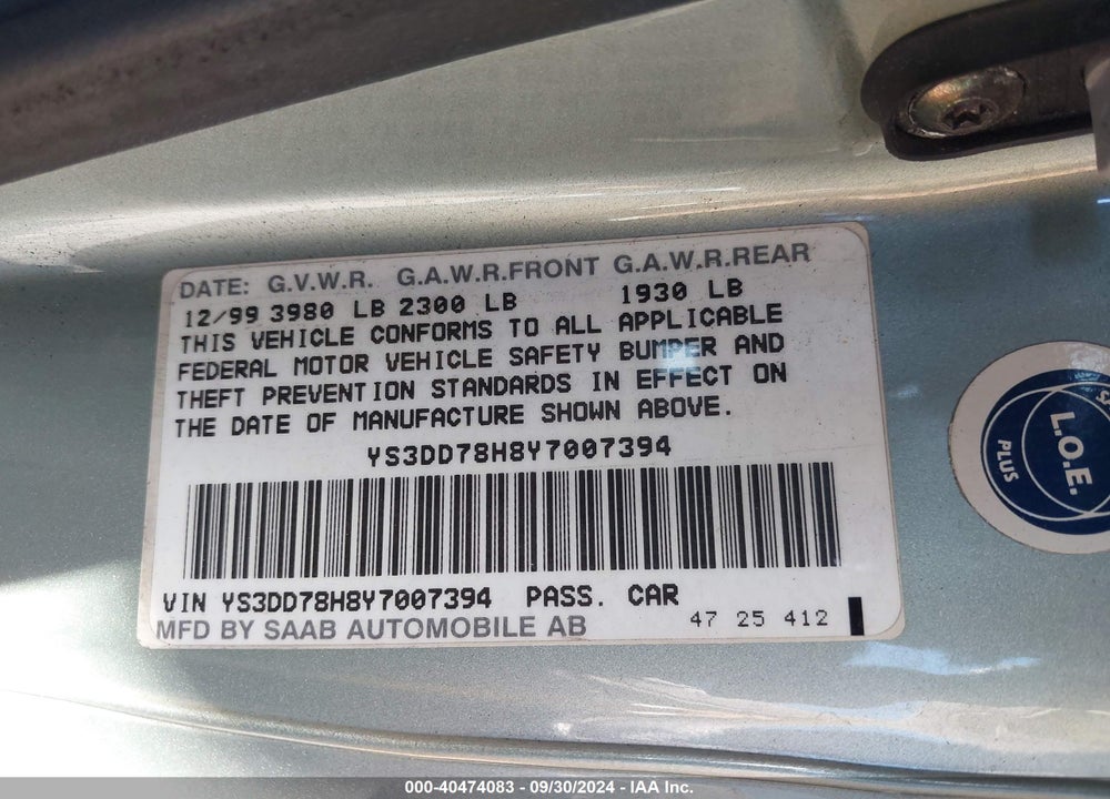 2000 SAAB 9 3 VIN: YS3DD78H8Y7007394