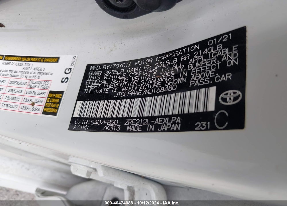 2021 TOYOTA COROLLA LE VIN: JTDEPMAE7MJ168480